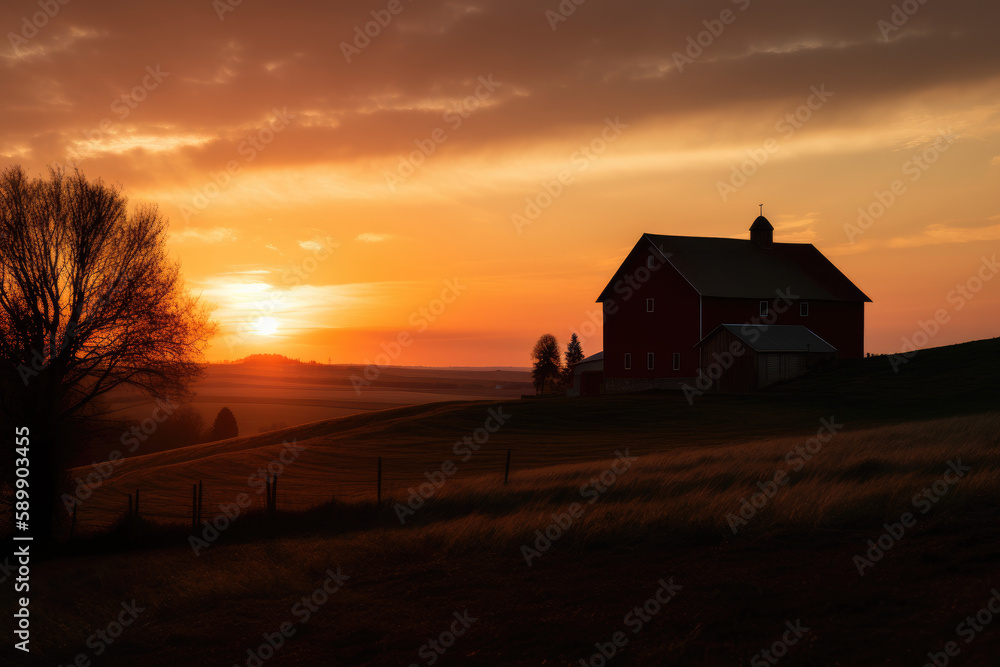 Red barn against sunset sky created wtih AI Red barn against sunset sky created wtih AI