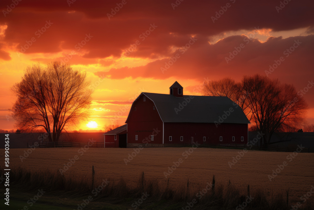 Red barn against sunset sky created wtih AI Red barn against sunset sky created wtih AI