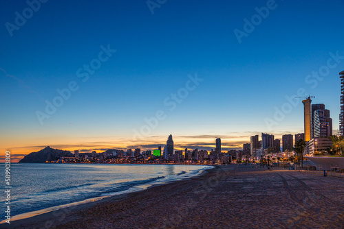 Benidorm beach skyline at sunset