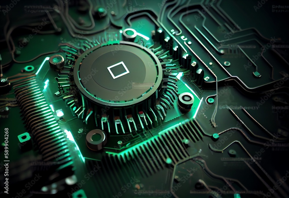 Fototapeta premium Gear wheel on circuit board - hi-tech engineering concept. Generative AI