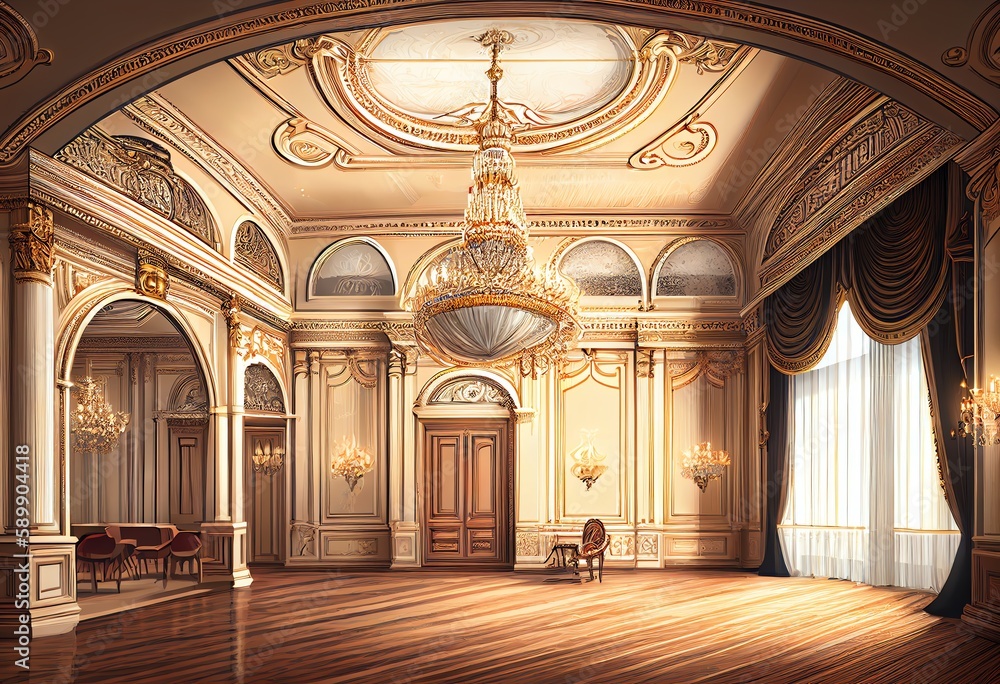 Luxurious classical ballroom as digital interior design illustration. Generative AI