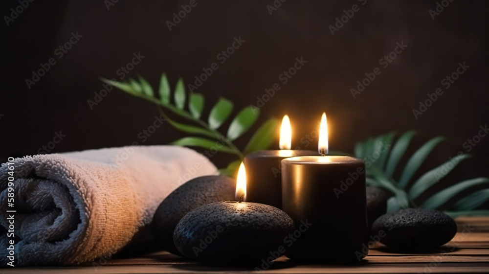 Gray towel, fern, candles and black hot stone on background of massage room in relaxed light. Based on Generative AI Gray towel, fern, candles and black hot stone on background of massage room in relaxed light. Based on Generative AI