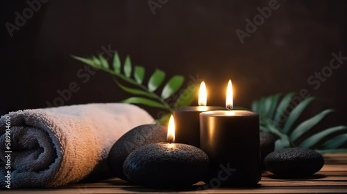 Gray towel, fern, candles and black hot stone on background of massage room in relaxed light. Based on Generative AI