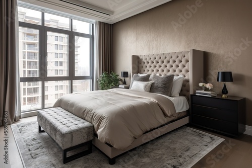 Modern contemporary loft bedroom | Luxurious large bedroom | Luxury double bedroom with golden furniture in royal interior | Luxurious bedroom with gilt double bed and bedside tables, Generative AI © interior