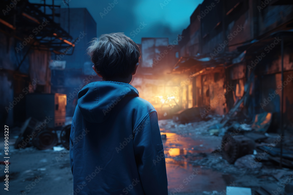 A little boy alone in a war or crisis area. Generative AI