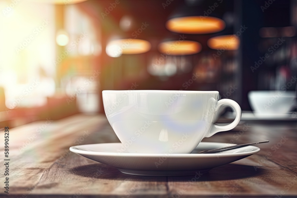ceramic white coffee cup on a wooden table in a cozy cafe with blurred background and bokeh in the afternoon
