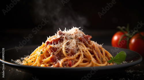 Spaghetti alla Amatriciana with guanciale, tomatoes and pecorino cheese. Italian healthy food. generative Ai