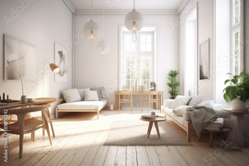 bright and spacious living room with abundant natural light and cozy furniture. Generative AI