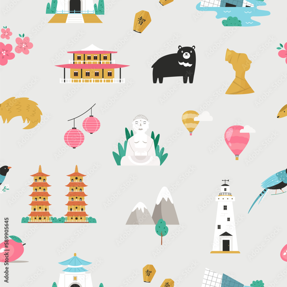 Obraz premium Vector seamless patterns with icons, famous symbols of Taiwan.