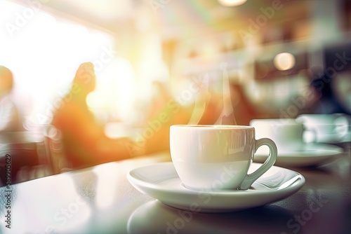 white coffee cup on a wooden table in a cozy cafe with blurred background and bokeh in the afternoon