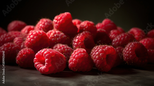 Background of fresh sweet red raspberries arranged together representing concept of healthy diet. generative Ai