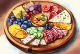 A Watercolor Painting Of A Charcuterie Board, Watercolour Style. Generative AI