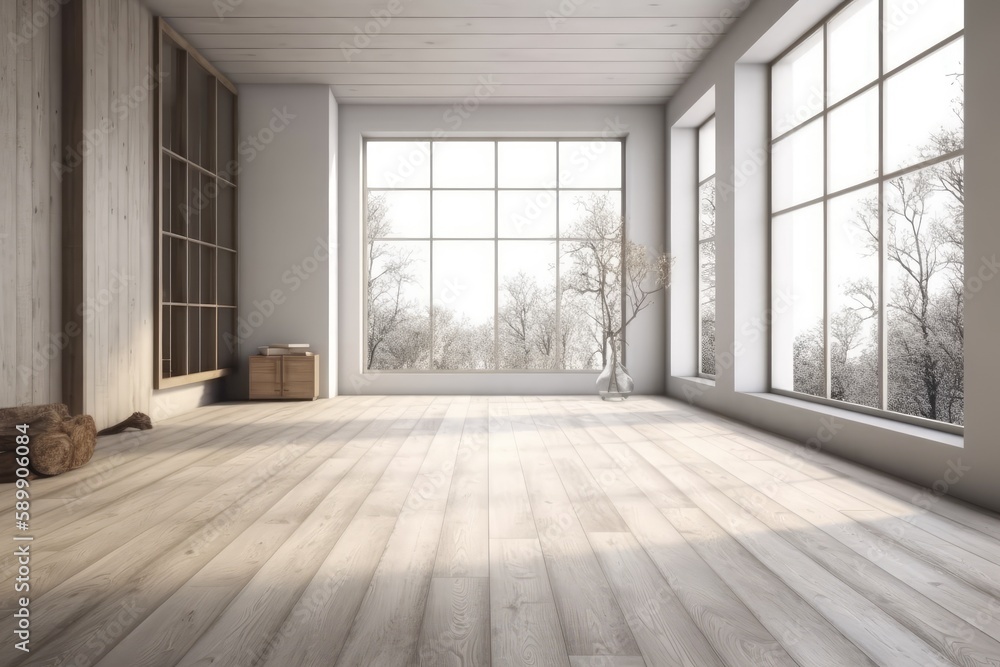 an empty room with large windows and a wooden floor. Generative AI an empty room with large windows and a wooden floor. Generative AI