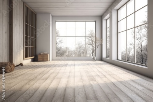 an empty room with large windows and a wooden floor. Generative AI