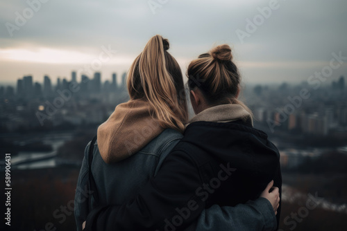 Two best friends embracing with a cityscape created with AI