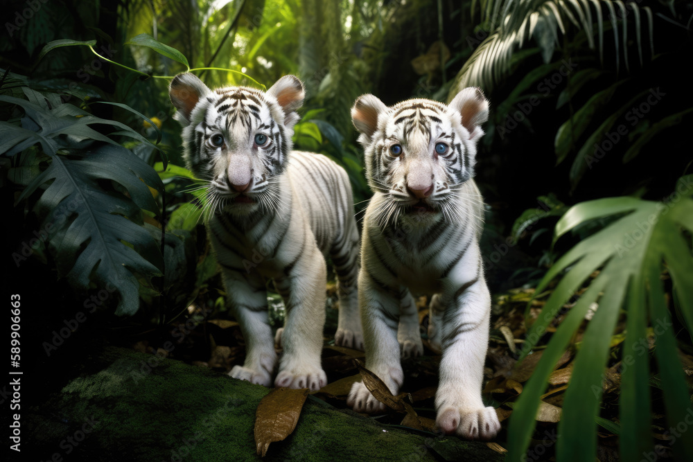 White tiger cubs in the jungle created with AI