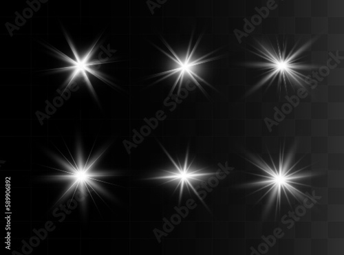 Glow isolated white transparent light effect set, lens flare, explosion, glitter, line, sun flash, spark and stars. Abstract special effect element design