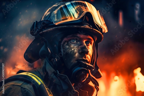 A firefighter who saves the forest from an uncontrolled wildfire.Generative AI illustration. Close-up portrait. © Anastasia