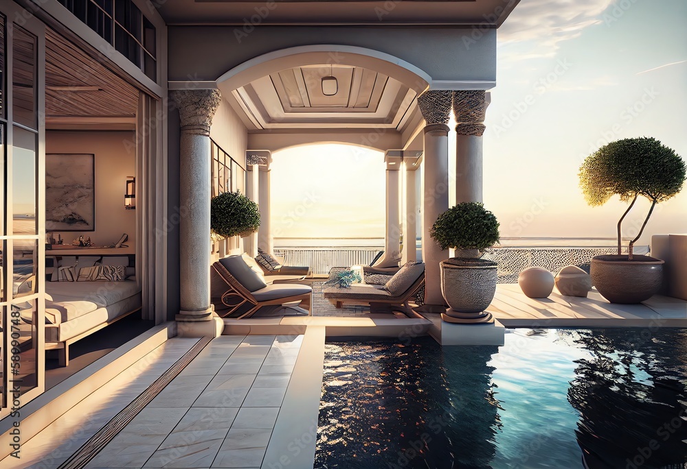 Stunning luxury penthouse terrace with a swimming pool. Generative AI ...