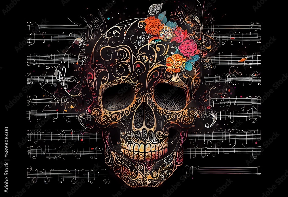 Fototapeta premium A sugar skull with a musical theme, viewed from the front on a black background with musical notes. Generative AI