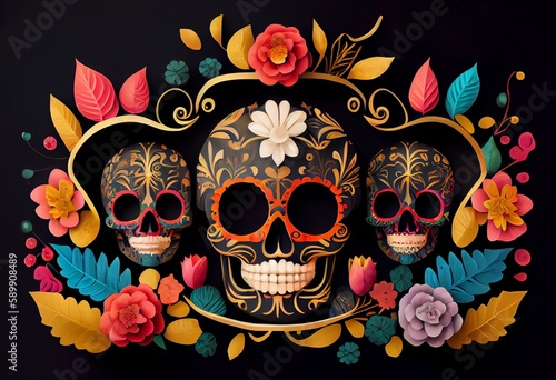 Dia De Los Muertos Background Day Of The Dead Art Decoration, Bones Skull Flower Ornament Holiday Wallpaper,. Generative AI