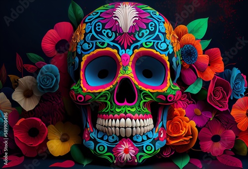 Dia De Los Muertos Sugar Skull Bright Colors Photo Wallpaper Background Illustration. Generative AI