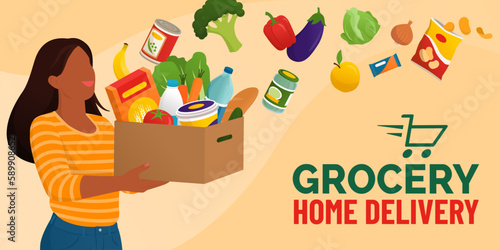 Happy woman receiving groceries in a box