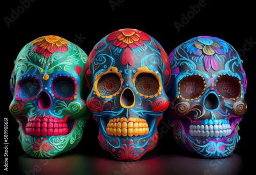 Three Colorful Sugar Skulls For The Day Of The Dead. Generative AI