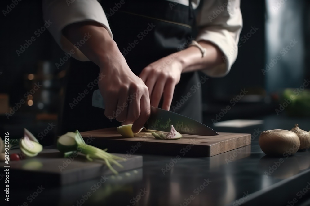 Chef's hands cutting fresh onions on a wooden board.Generative AI Chef's hands cutting fresh onions on a wooden board.Generative AI