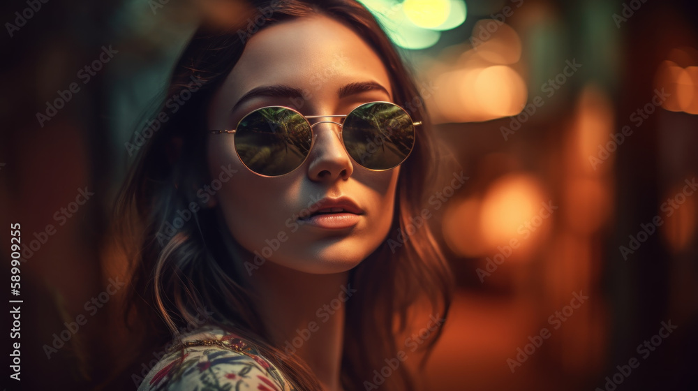 Beautiful woman in sunglasses with reflection created with generative AI technology