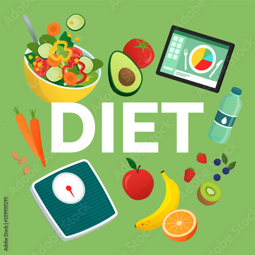 Word diet surrounded by healthy food and objects