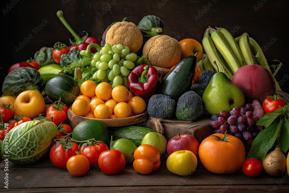 colorful variety of fresh fruits and vegetables on a wooden table. Generative AI colorful variety of fresh fruits and vegetables on a wooden table. Generative AI