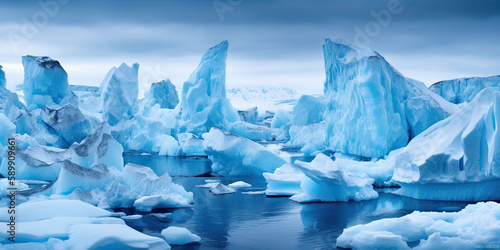 Mer calme dans l'Arctique ou Antarctique avec une multitude d'iceberg