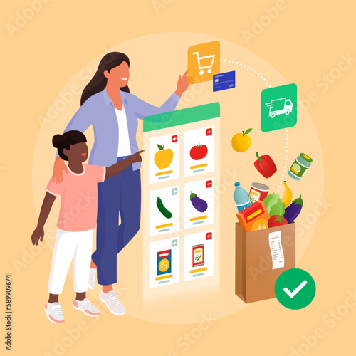 Mother and daughter doing grocery shopping on a virtual interface