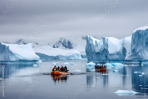 Fotobehang deux canots avec des scientifiques en exploration entre les iceberg sur une mer