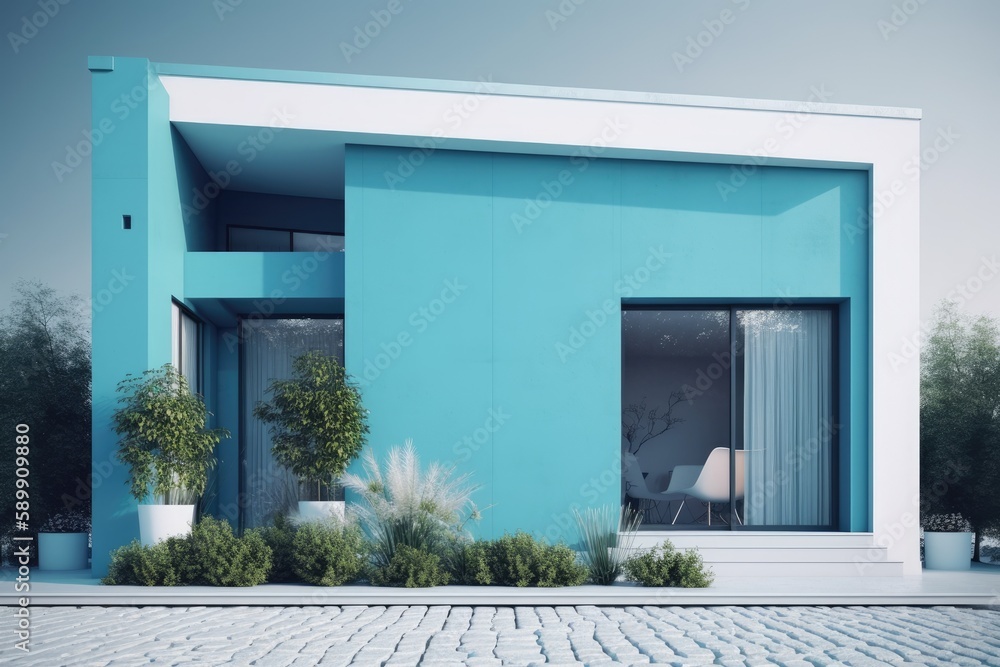 charming blue building adorned with potted plants in the foreground. Generative AI charming blue building adorned with potted plants in the foreground. Generative AI