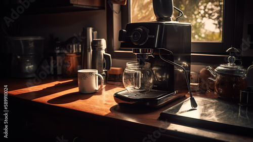 black coffee morning on coffee maker. generative ai © maniacvector