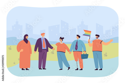 Inclusive teamwork vector illustration. Diverse office workers greeting each other. Muslim, LGBT workers and people with disability working in team. Diversity, teamwork, inclusion, business concept
