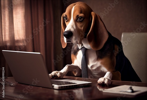 A beagle dog in a business suit working on a computer. Generative AI