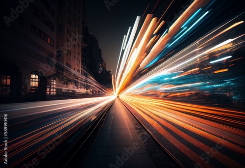 Abstract long exposure dynamic speed light trails in urban. Generative AI
