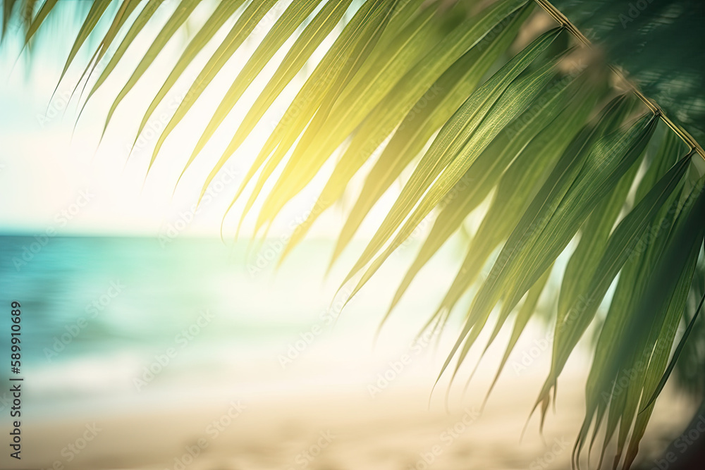 Defocused summer background of a beach with palm leaves in the corners for product or copy space. Ai generative