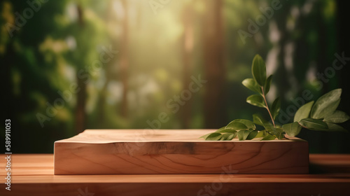 Wooden product display podium with blurred nature leaves background. Generative Ai © maniacvector
