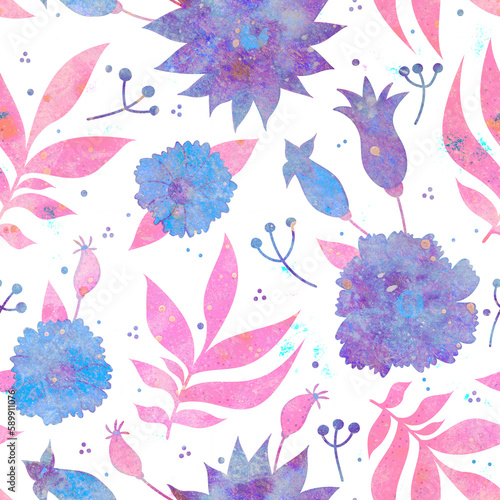 Seamless background with floral ornament. Raster illustration for packaging design, wrapping, scrapbooking. Watercolor style. Seamless pattern.