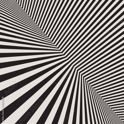 Black and white abstract art background with diagonal lines. Striped optical illusion with peerspective.