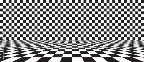 Abstract checkered background with perspective to wall. Advertising template.
