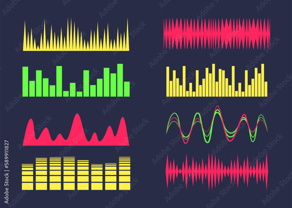 Vettoriale Stock Sound amplitude waves vector illustrations set. Radio