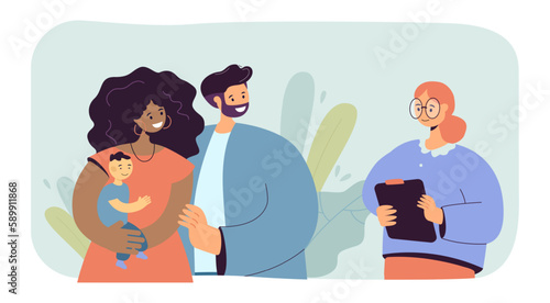 Husband and wife adopting child vector illustration. Happy interracial couple embracing adopted son on white background. Kid adoption, family, diversity, parenthood concept