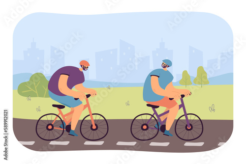Happy friends riding bicycles in park vector illustration. Young cyclists racing on bike path on city background. Cycling, sport, healthy lifestyle, outdoor activity concept