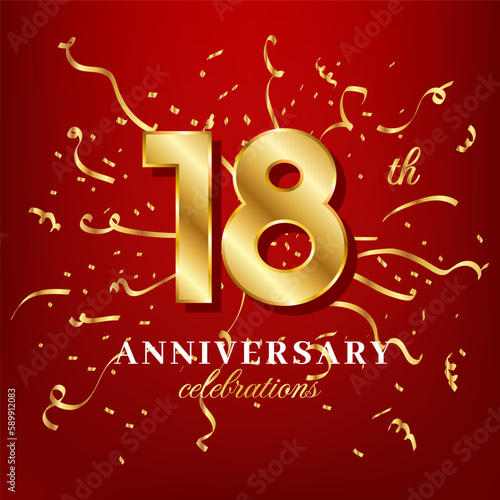 18 golden numbers and anniversary celebrating text with golden confetti spread on a red background