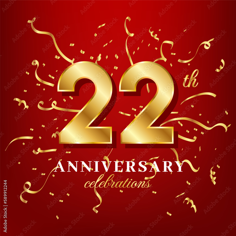 22 golden numbers and anniversary celebrating text with golden confetti spread on a red background